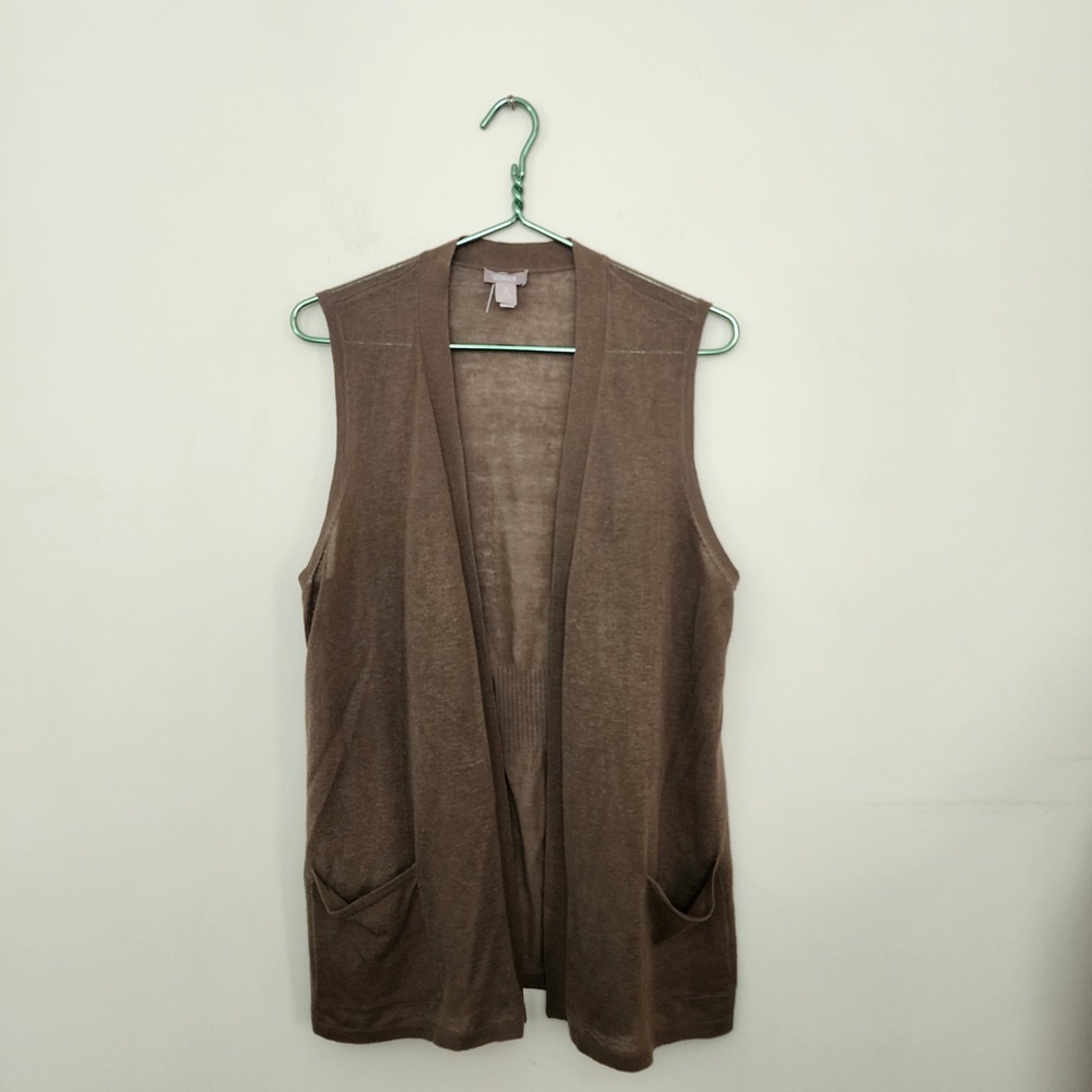 Chicos Brown Open Front Sweater Vest Ramie Cotton Knit Longline Pockets Size 2